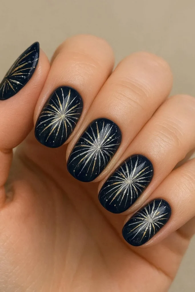 Gold Firework Dark Blue Oval Nails Gold Firework Dark Blue Oval Nails β NYE Nails 2027