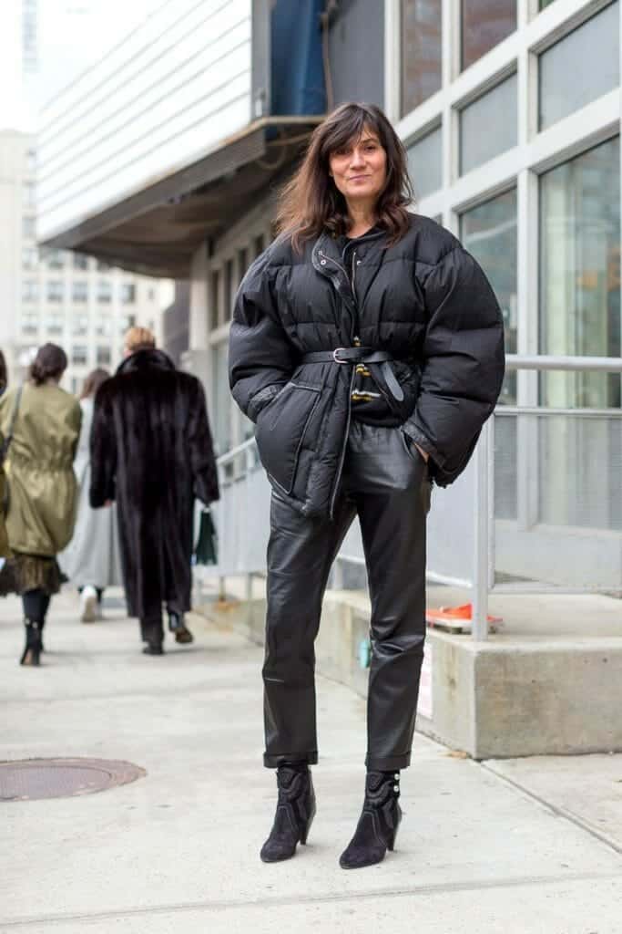 Belted Oversized Black Puffer with Leather Pants — Winter Puffer Jacket Outfits