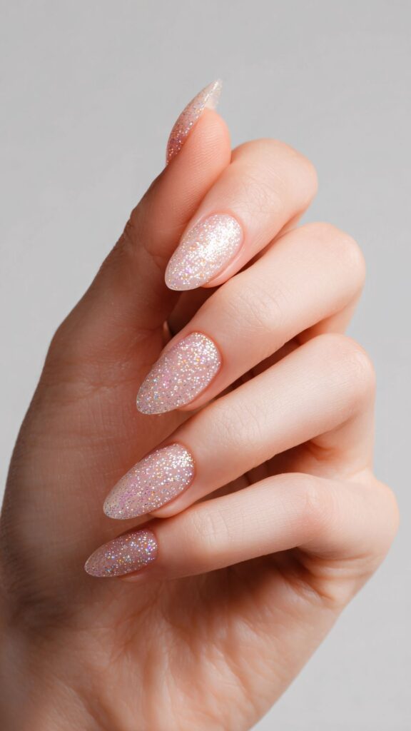 Pale Pink Holographic Glitter Almonds — Winter Date Night Nails