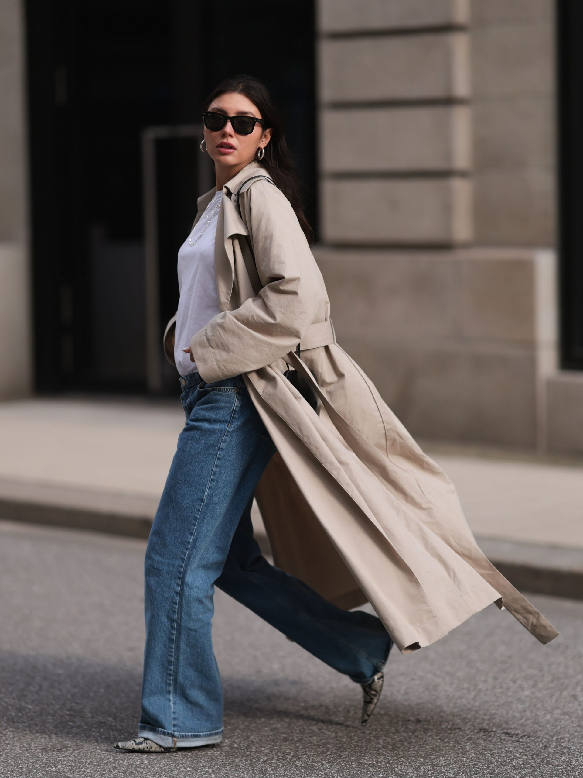 Transitional Layers: Wide Leg Jeans and a Beige Trench — Winter Outfits with Wide Leg Jeans