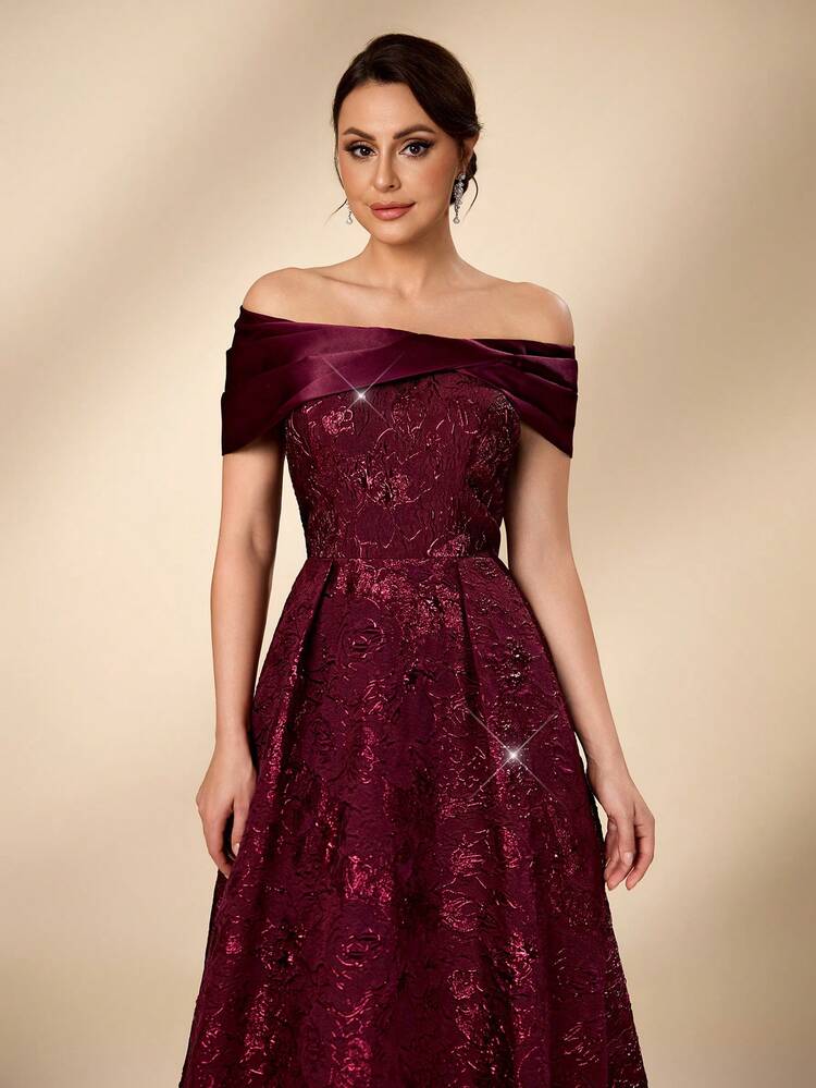 Burgundy Off-the-Shoulder Jacquard Satin Dress — Winter Formal Dresses