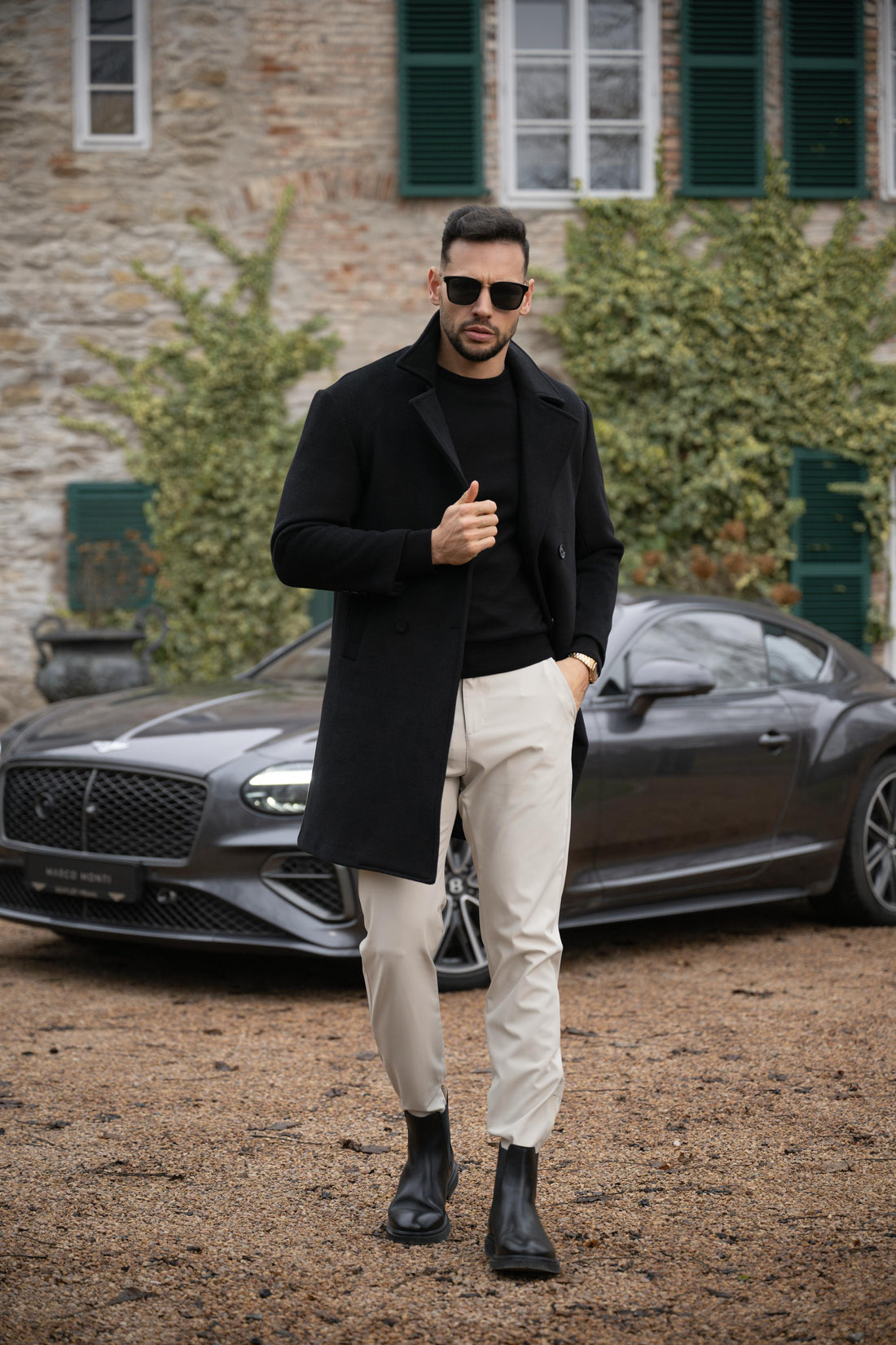 Monochromatic Black Overcoat with Cream Trousers Monochromatic Black Overcoat with Cream Trousers β Winter Outfits for Men