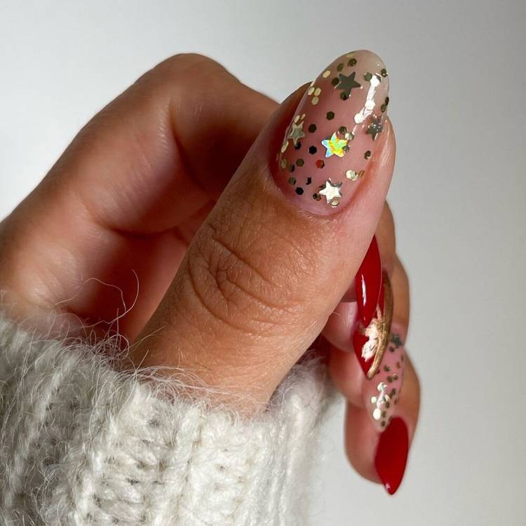 Clear Base Gold Glitter Red Leaf Almonds Clear Base Gold Glitter Red Leaf Almonds β Christmas Nails for Women Over 50 2026
