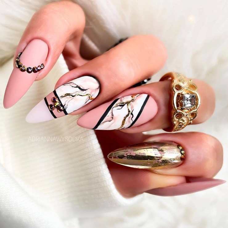Matte Pink with Gold Chrome Marble Accents Matte Pink with Gold Chrome Marble Accents β New Years Almond Nails 2027