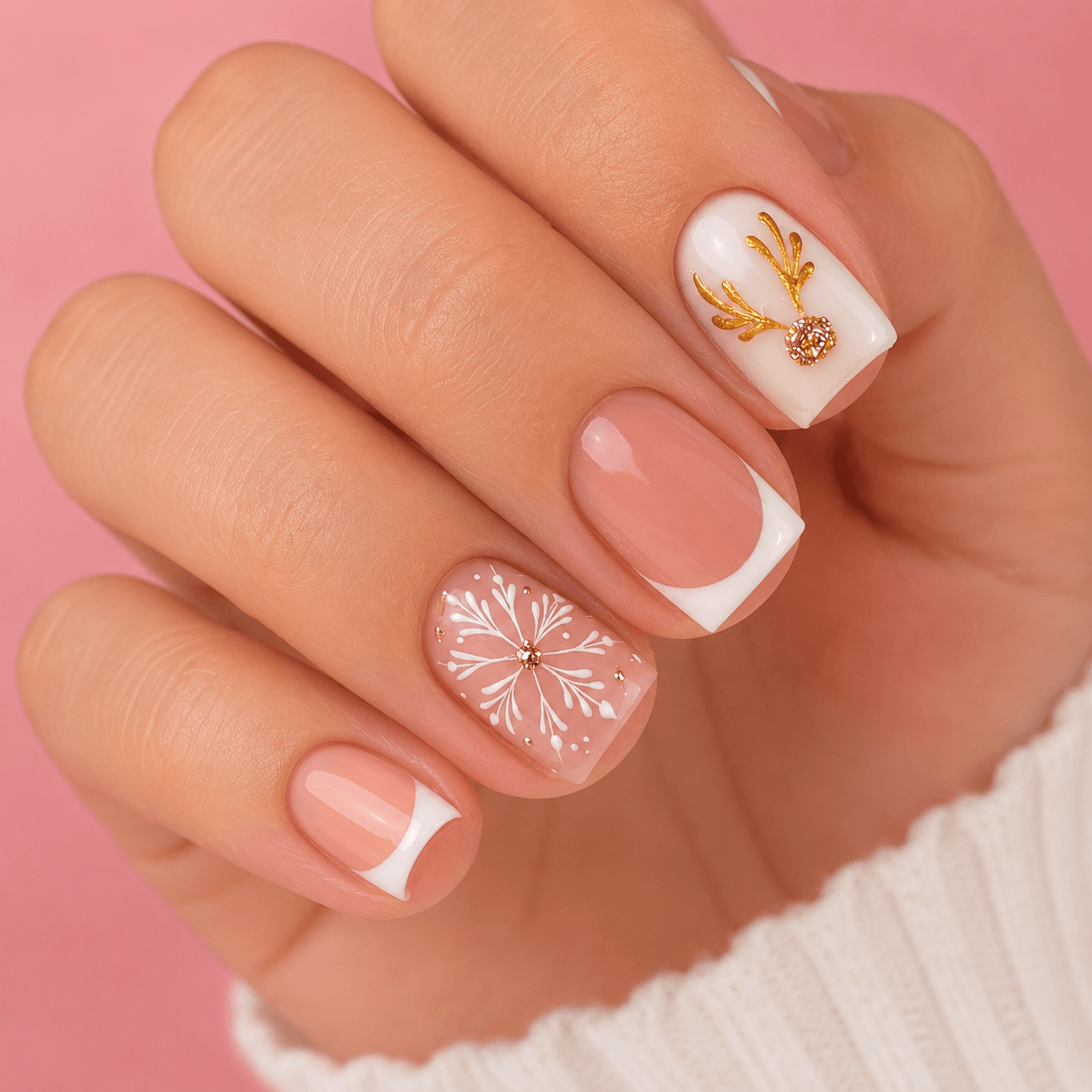 Elegant Nude French with Gold Reindeer Accent Elegant Nude French with Gold Reindeer Accent β Christmas Nail Art 2026