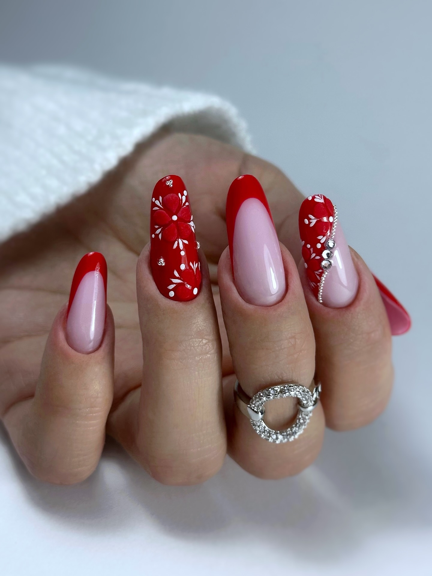 Red French Floral Snowflake Ovals Red French Floral Snowflake Ovals β Simple Christmas Nails 2026