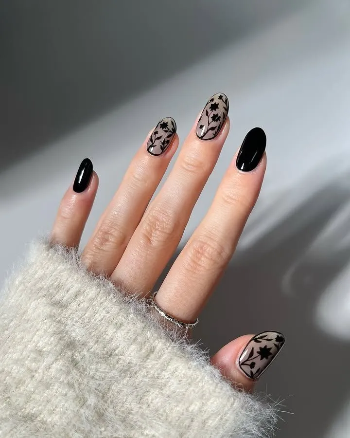Dramatic Black Lace Floral Nails — Winter Nail Art