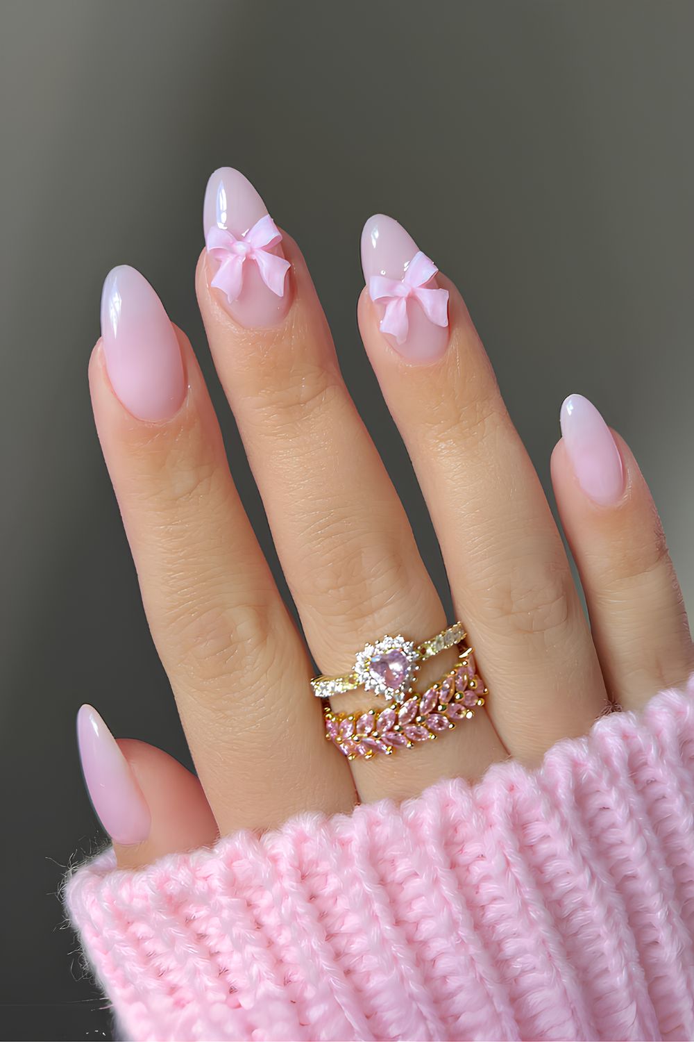 Milky Pink Stilettos with 3D Bow Embellishments Milky Pink Stilettos with 3D Bow Embellishments β Winter Pink Nails