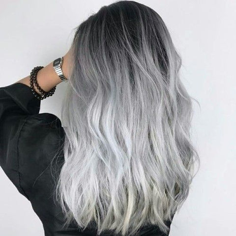 Black to Silver Ombre Long Waves Black to Silver Ombre Long Waves β Winter Hair Colors for Gray Hair