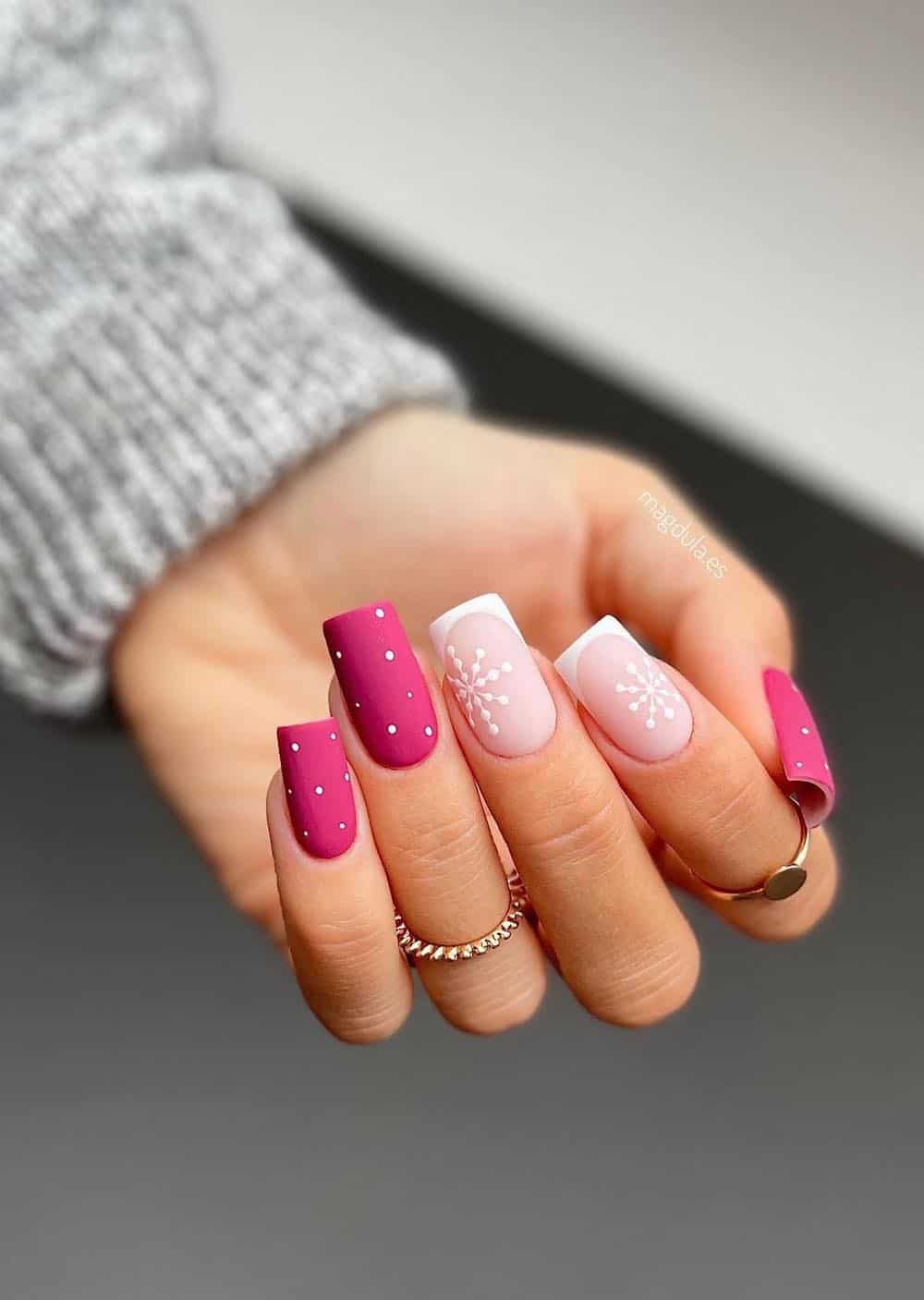 Matte Hot Pink with White Polka Dots Matte Hot Pink with White Polka Dots β Winter Pink Nails