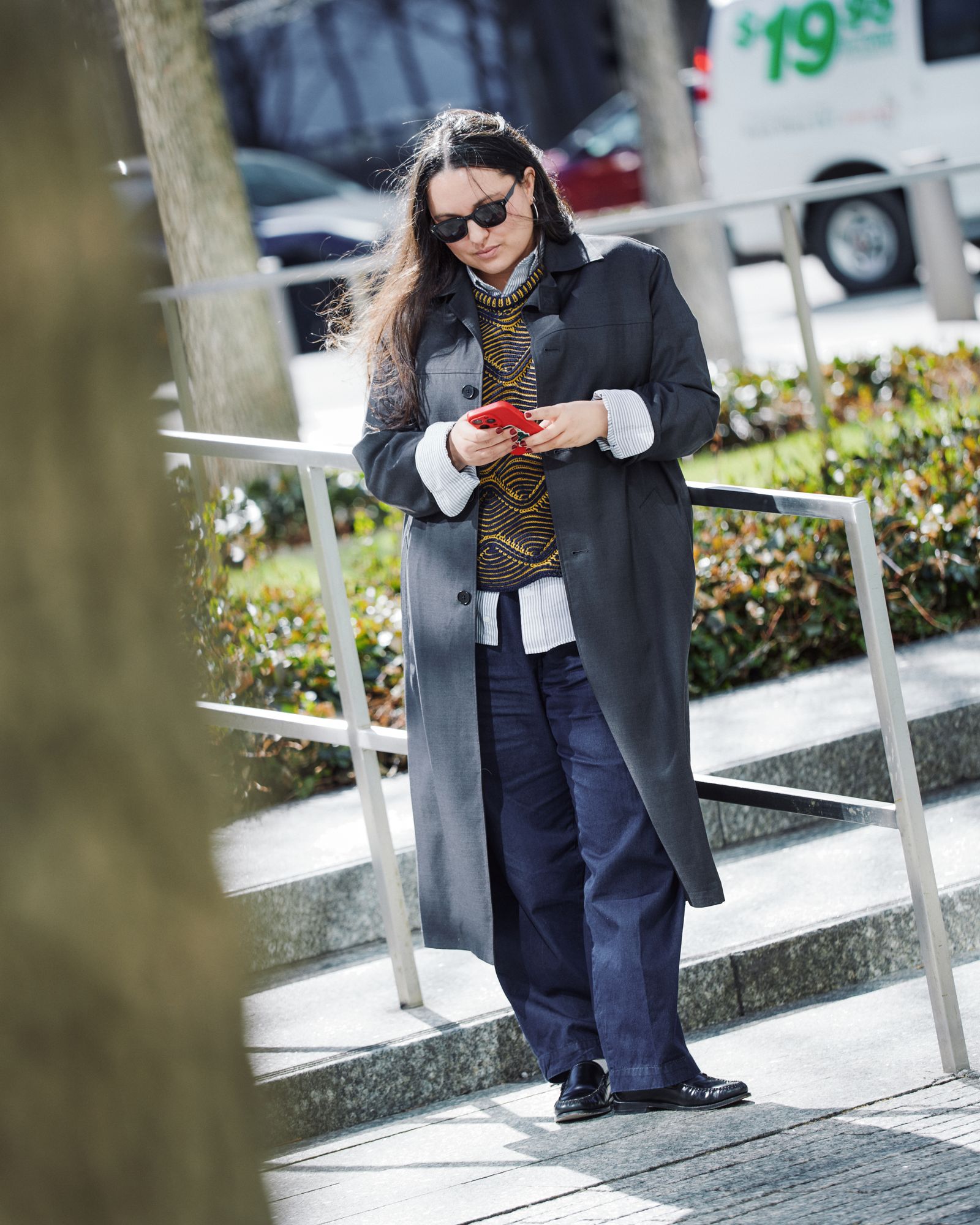 Charcoal Grey Coat with Yellow Sweater and Loafers — Car Coat Outfits