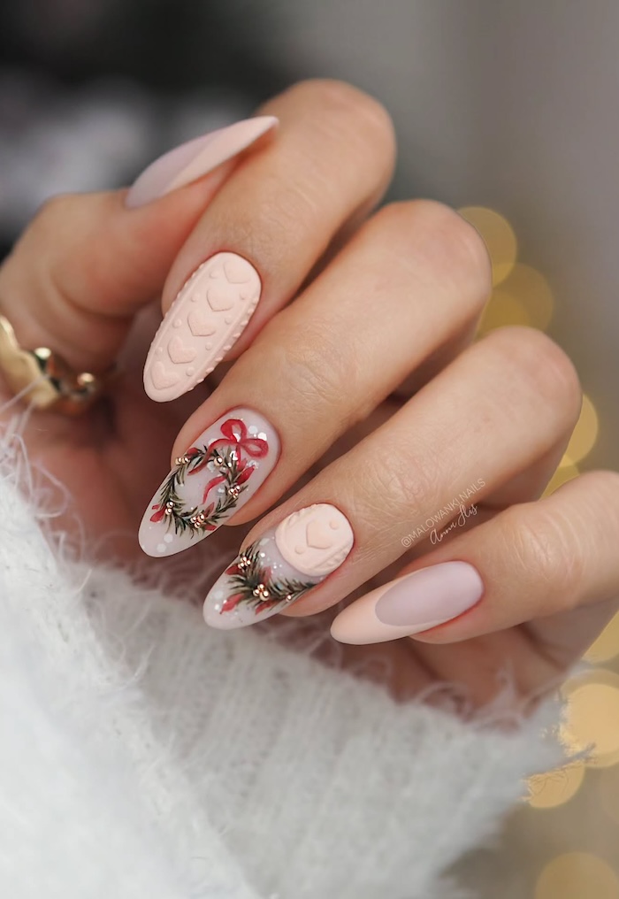 Pale Pink Green Red Gold Accents Visual Idea — Cozy Winter Nails