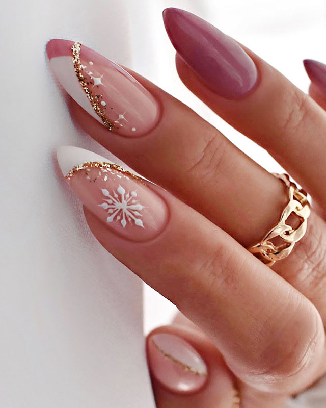 Glitter Glossy Sheer Pink Glitter French with Snowflakes — Winter Glitter Nails