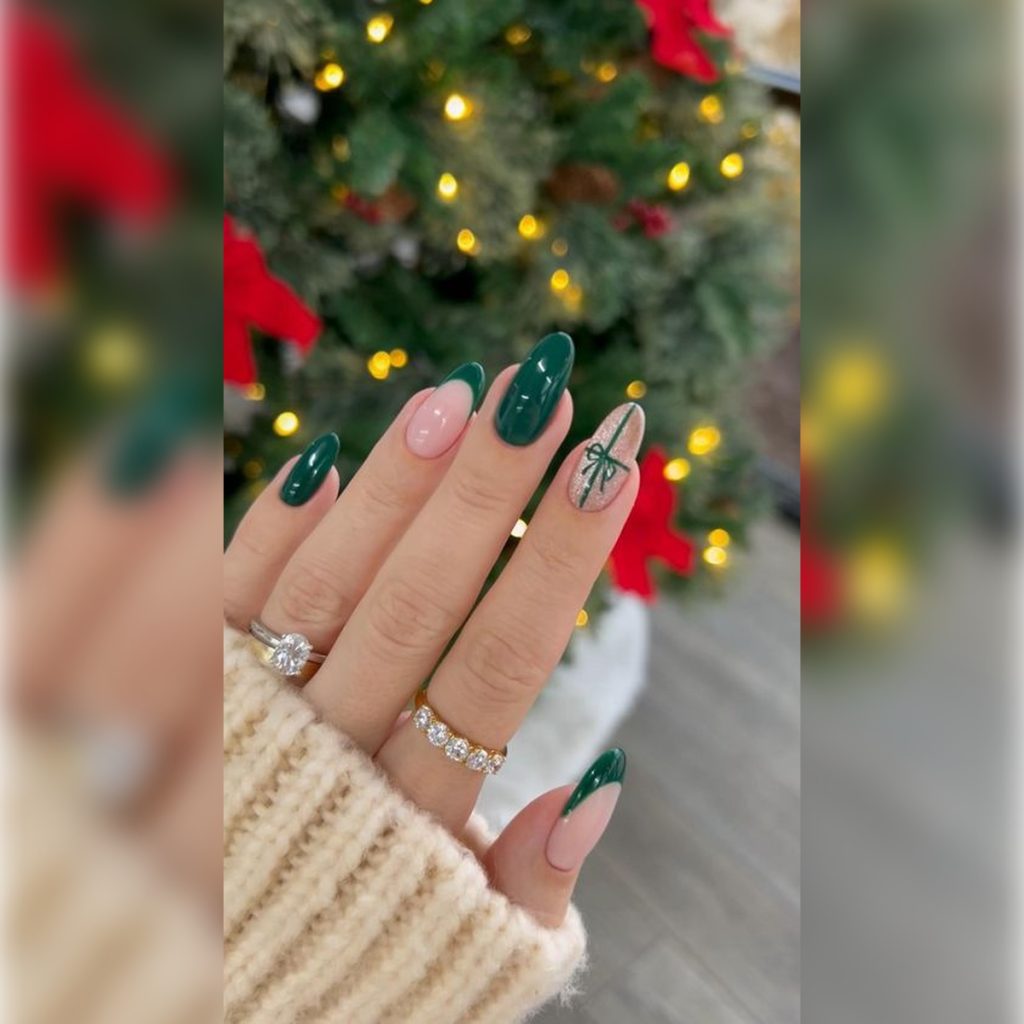 Green French Tips with Gold Glitter Bow Green French Tips with Gold Glitter Bow β Christmas Nail Colors 2026