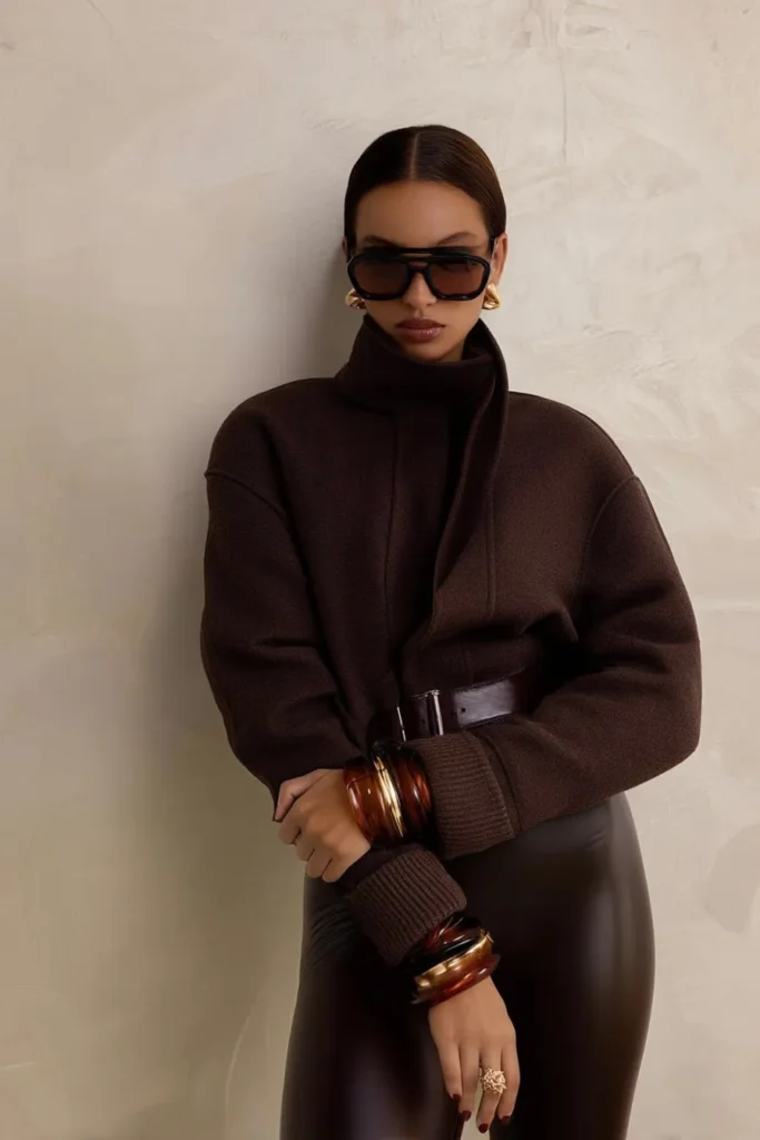 Dark Brown Leather Pants with Turtleneck — Minimalist Winter Outfits