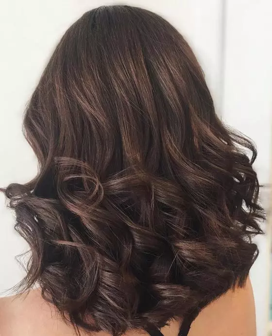Dark Mahogany Brown Lob With Loose Curls — Mahogany Hair Color