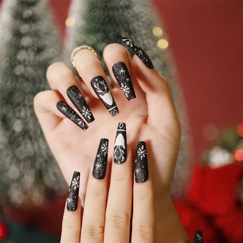 Bold Black Matte Winter Motifs Nails — Winter Nail Art