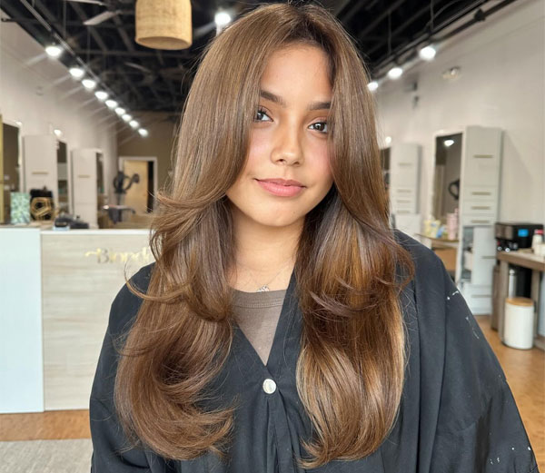 Soft Honey Brown Shoulder Length Honey Brown Layers — Winter Haircuts with Curtain Bangs