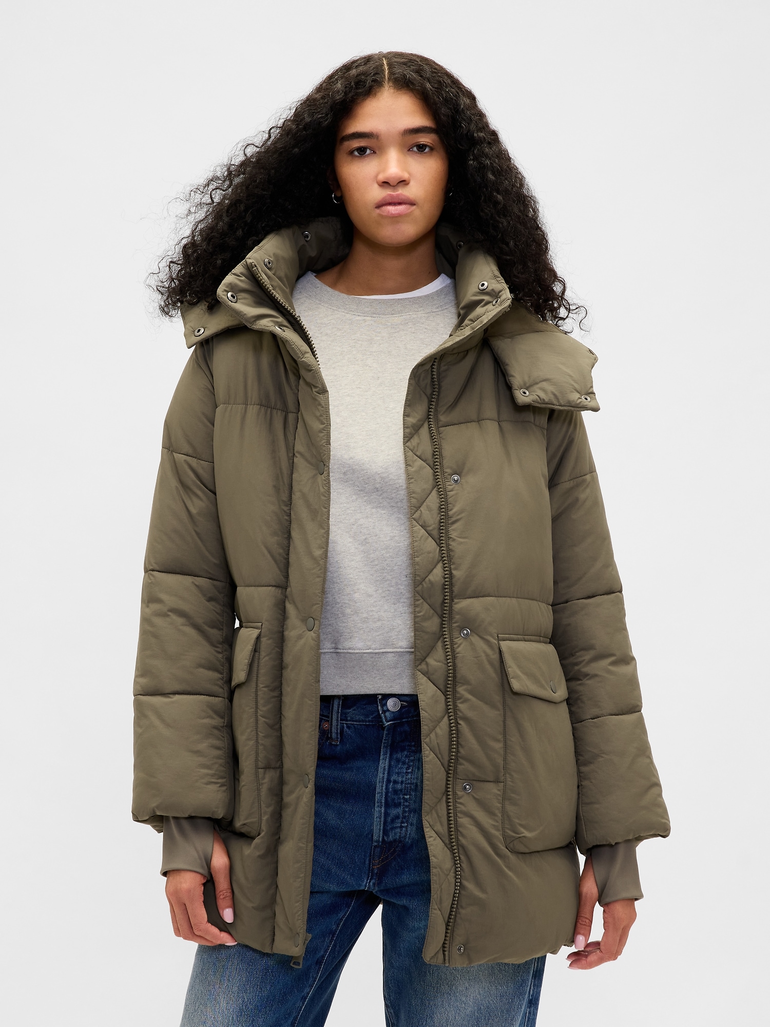 Olive Green Longline Puffer with Structured Collar for a Statement — Winter Jackets for Women
