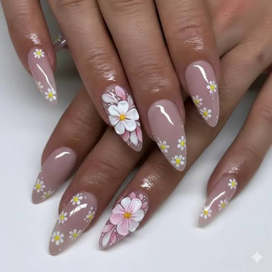 3D Floral Embellishments Visual Idea — Winter to Spring Transition Nails