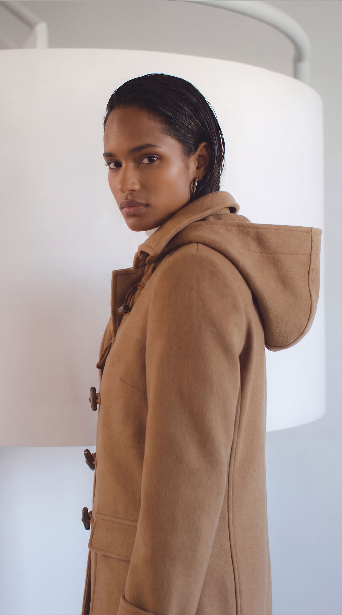 Camel Duffle Coat with Toggle Closures — Brown Coat Outfits