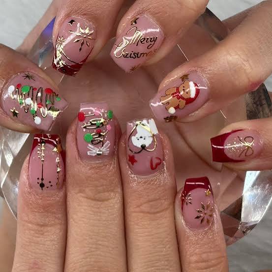 Nude Base Christmas Stickers and Foil Nails Nude Base Christmas Stickers and Foil Nails β Christmas Gel X Nails 2026