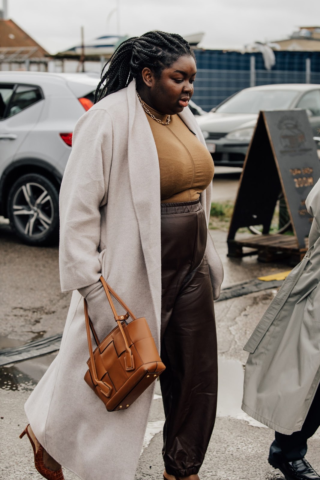 Light Grey Coat with Brown Faux Leather Trousers — Neutral Winter Outfits