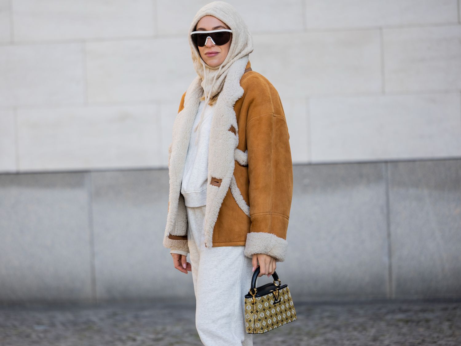 Relaxed Shearling Jacket over Grey Hoodie and Sweatpants — Cold Weather Outfits