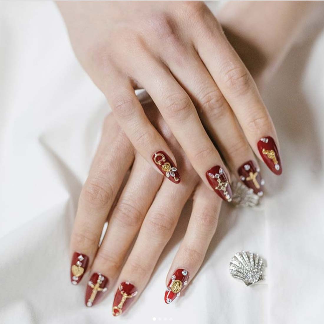 Deep Red with Ornate Gold Embellishments Deep Red with Ornate Gold Embellishments β Red and Gold Christmas Nails 2026