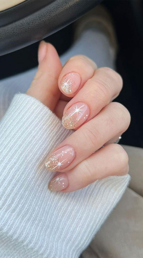 Gold Glitter Gradient French Tip Oval Nails Gold Glitter Gradient French Tip Oval Nails β NYE Nails 2027