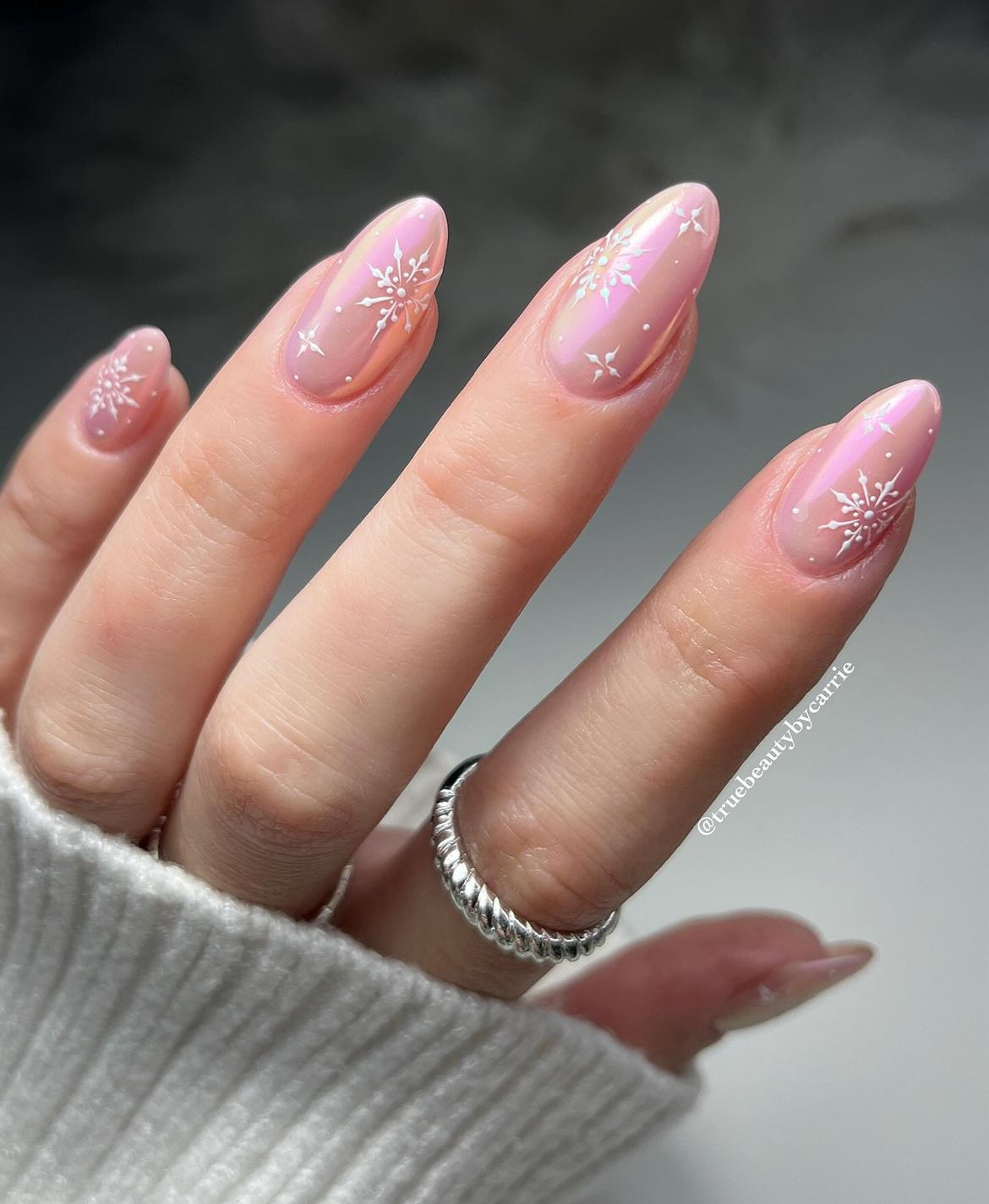Iridescent Shimmer Snowflake Almond Nails Iridescent Shimmer Snowflake Almond Nails β Winter Almond Nails