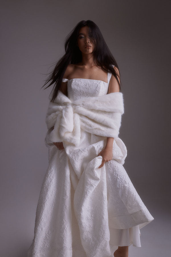 White Jacquard Ballgown with Faux Fur Wrap — Winter Formal Dresses