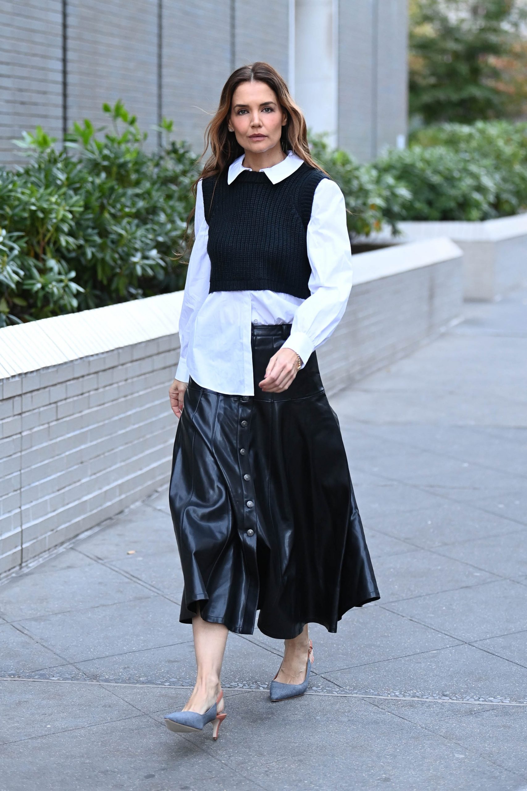 Black Leather Midi Skirt with Cropped Knit Vest and Button-Down Shirt — Leather Skirt Outfits