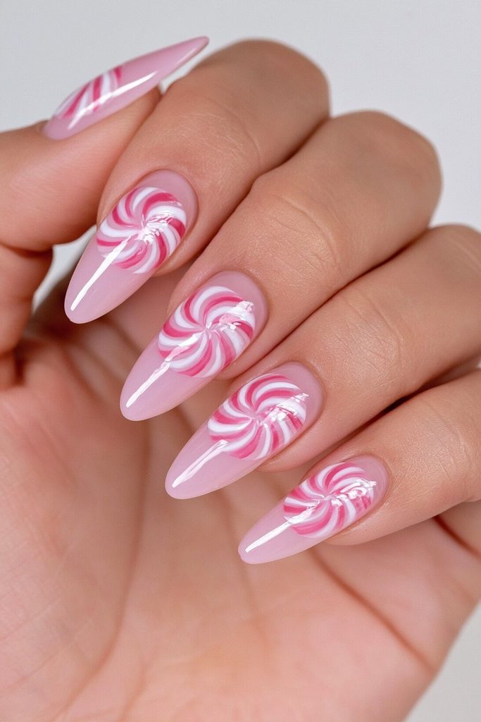 Sheer Pink Swirled Candy Cane Almond Nails Sheer Pink Swirled Candy Cane Almond Nails β Easy Christmas Nails 2026