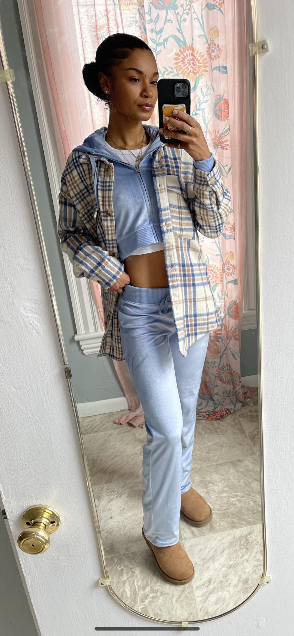 Velour Tracksuit Cool: Light Blue Set with Plaid Shirt Layer Velour Tracksuit Cool: Light Blue Set with Plaid Shirt Layer β Comfy Winter Outfits
