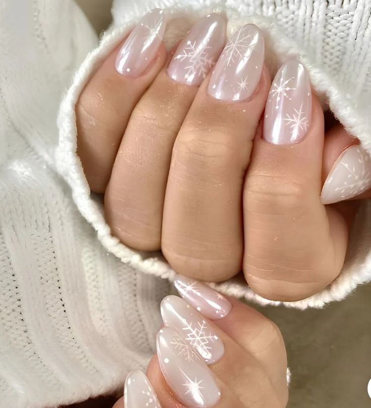 Milky White Iridescent Snowflake Nails — Christmas Nail Designs 2026