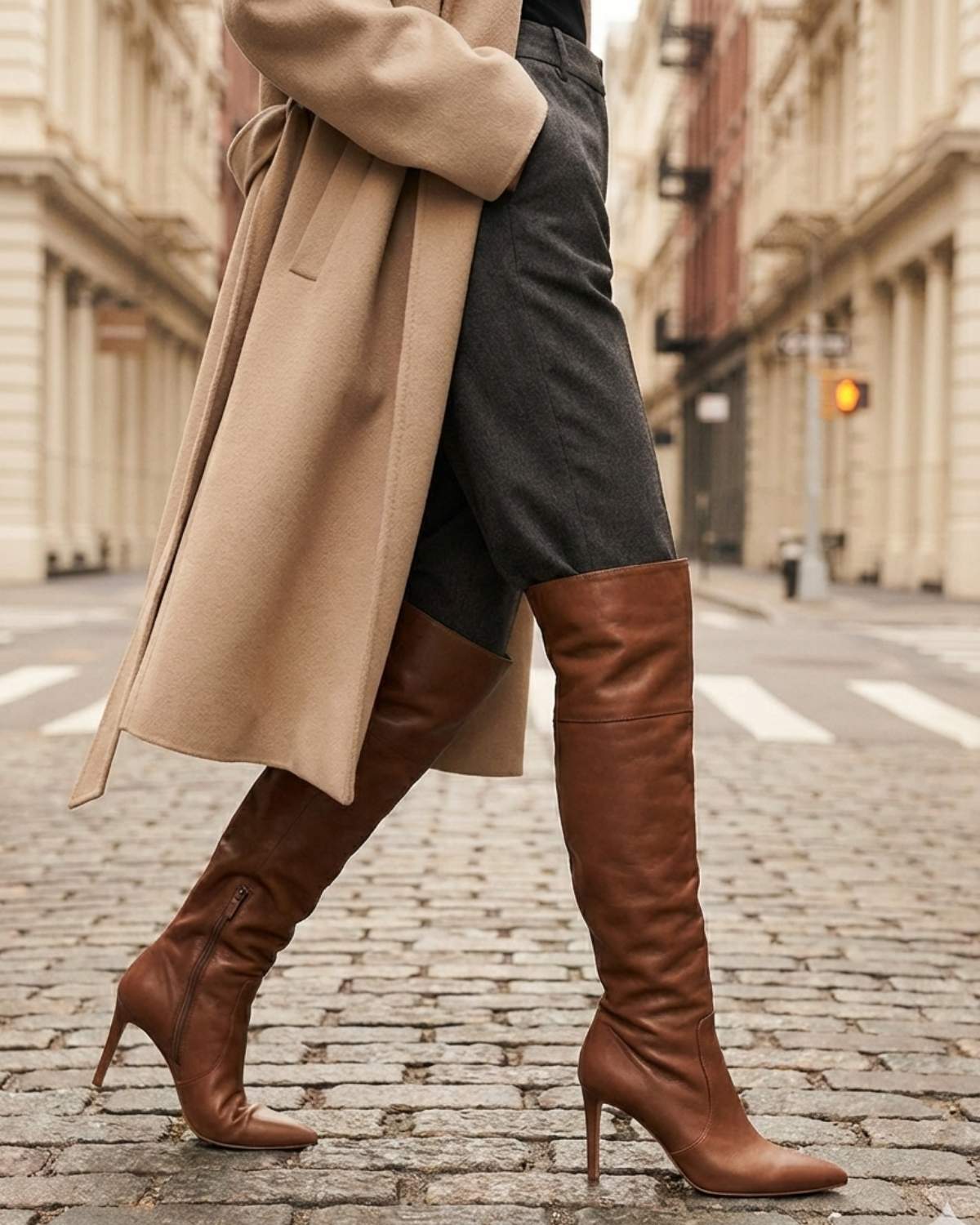Classic Beige Trench Coat with Brown Leather Over-the-Knee Boots — Over the Knee Boots Outfits