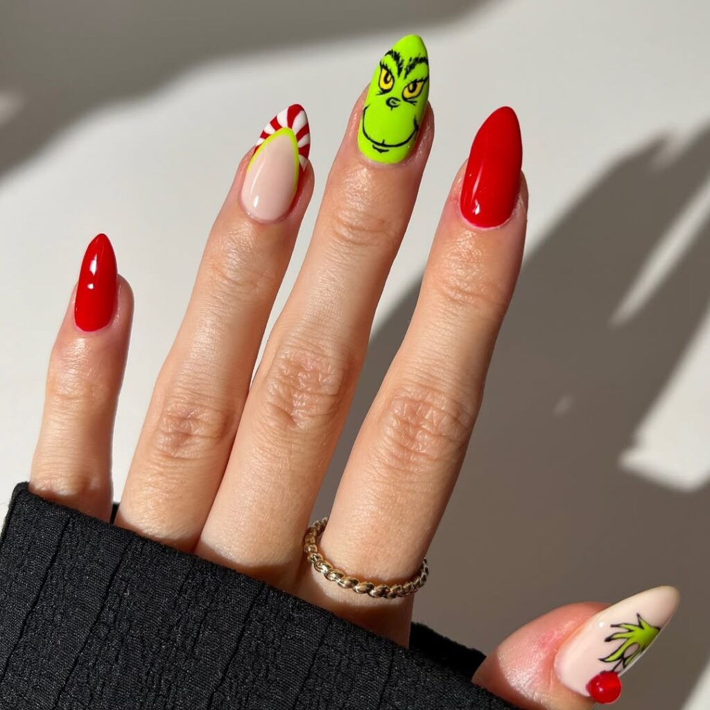 Stiletto Grinch Face With Red French Tip Stiletto Grinch Face With Red French Tip β Grinch Nails 2026
