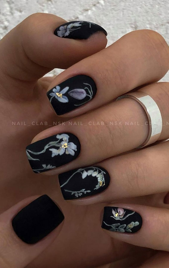 Matte Black with Delicate Floral Art — Winter Black Nails