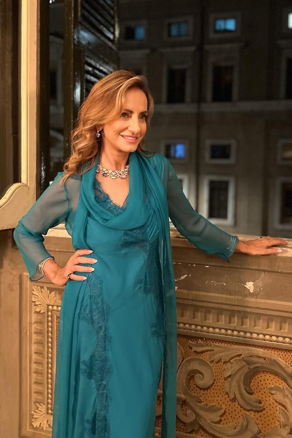 Teal Flowing Dress with Sheer Lace Sleeves — Winter Wedding Guest Outfits
