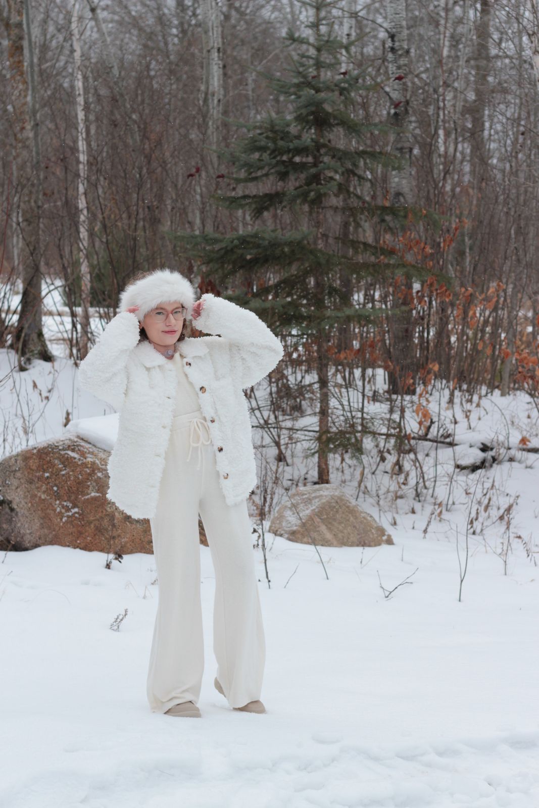 All-White Faux Fur Ensemble for a Winter Cabin Trip — Cabin Trip Outfits