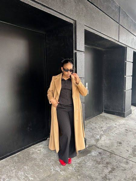 Camel Coat with Pinstripe Shirt and Bold Red Heels — Old Money Winter Outfits