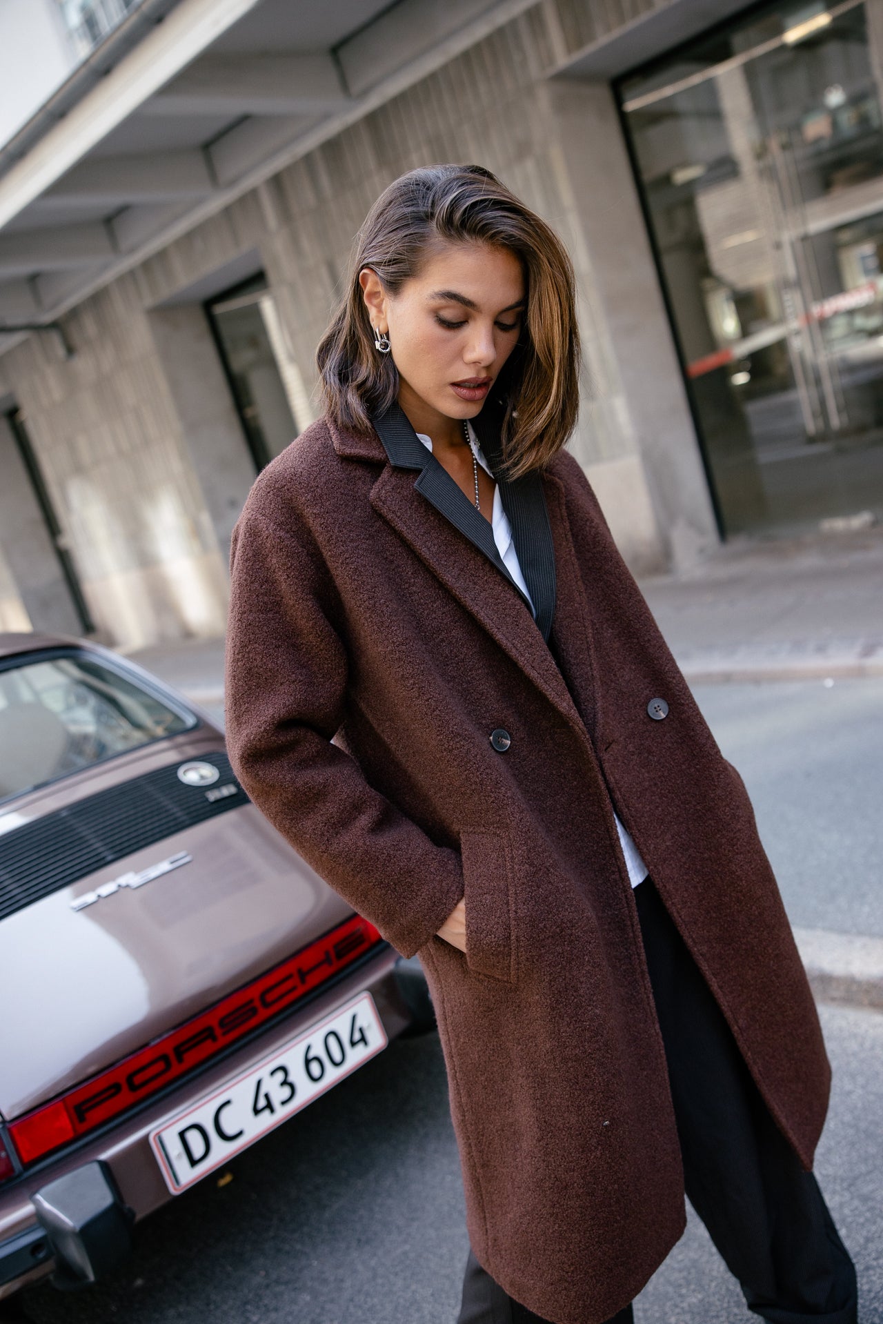 Textured Brown Wool Coat with Grey Blazer — Wool Coat Outfits