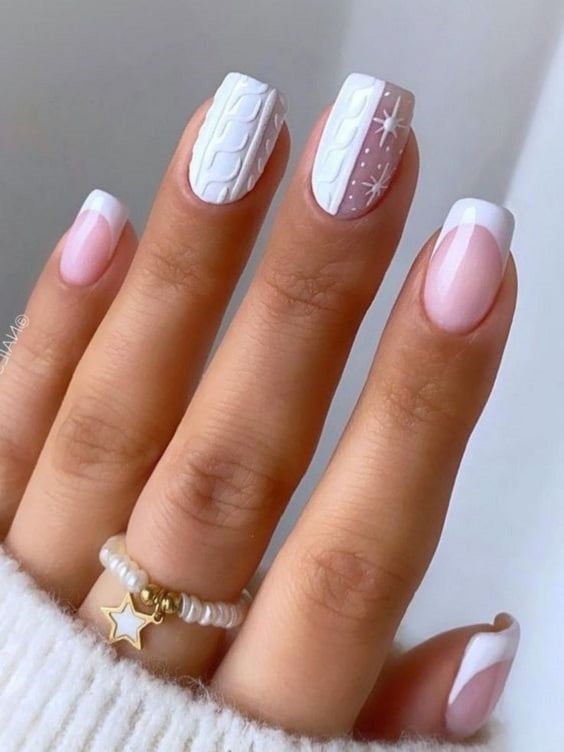 Winter Cable Knit Star French Short Square Winter Cable Knit Star French Short Square β Winter Wedding Nails
