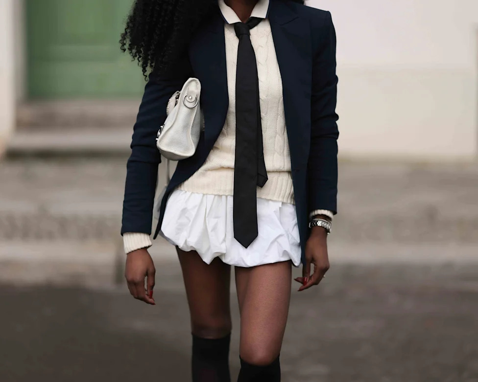 Navy Blazer with Ruffled Skirt and Loose Tie Navy Blazer with Ruffled Skirt and Loose Tie β Preppy Winter Outfits