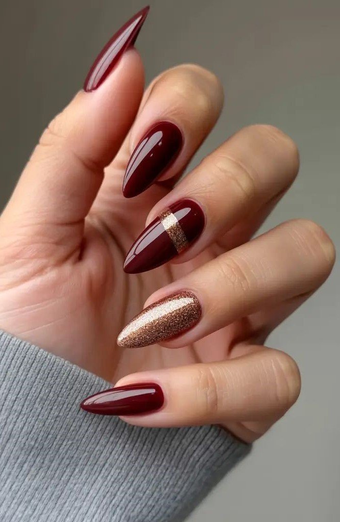 Deep Red with Gold Glitter Accents — Winter Red Nails