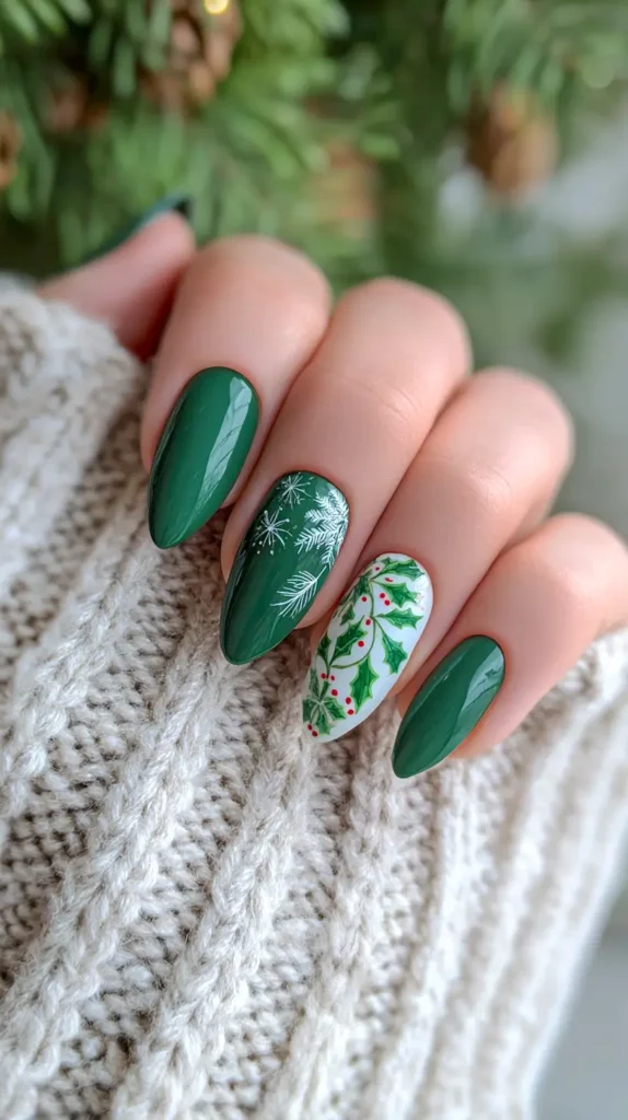Glossy Green with Holly Berry Art — Christmas Gel Nails 2026
