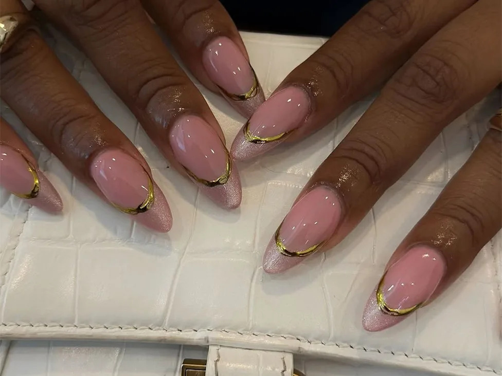 Shimmer Pink French with Gold Crescent Shimmer Pink French with Gold Crescent β Long Winter Almond Nails