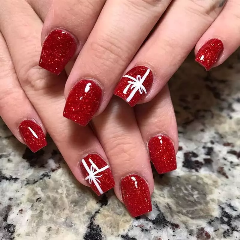 Glittery Red with White Bow Coffin Nails Glittery Red with White Bow Coffin Nails β Short Christmas Coffin Nails 2026