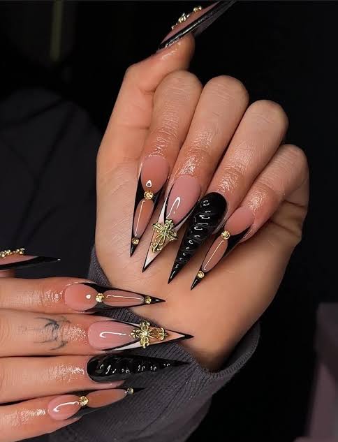 Nude Black Gold Accent Stiletto Nails Nude Black Gold Accent Stiletto Nails β Winter Stiletto Nails